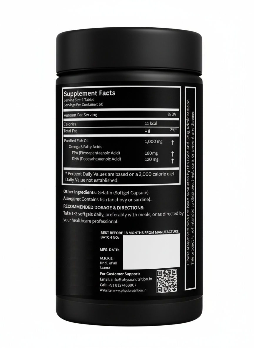 PN Omega 3 New left PHYSIC NUTRITION Omega 3 Capsules with 180mg EPA and 120mg DHA | 1000mg | Essential Nutrients for Heart, Brain, and Joint Health | For Men and Women |- 60 Softgels