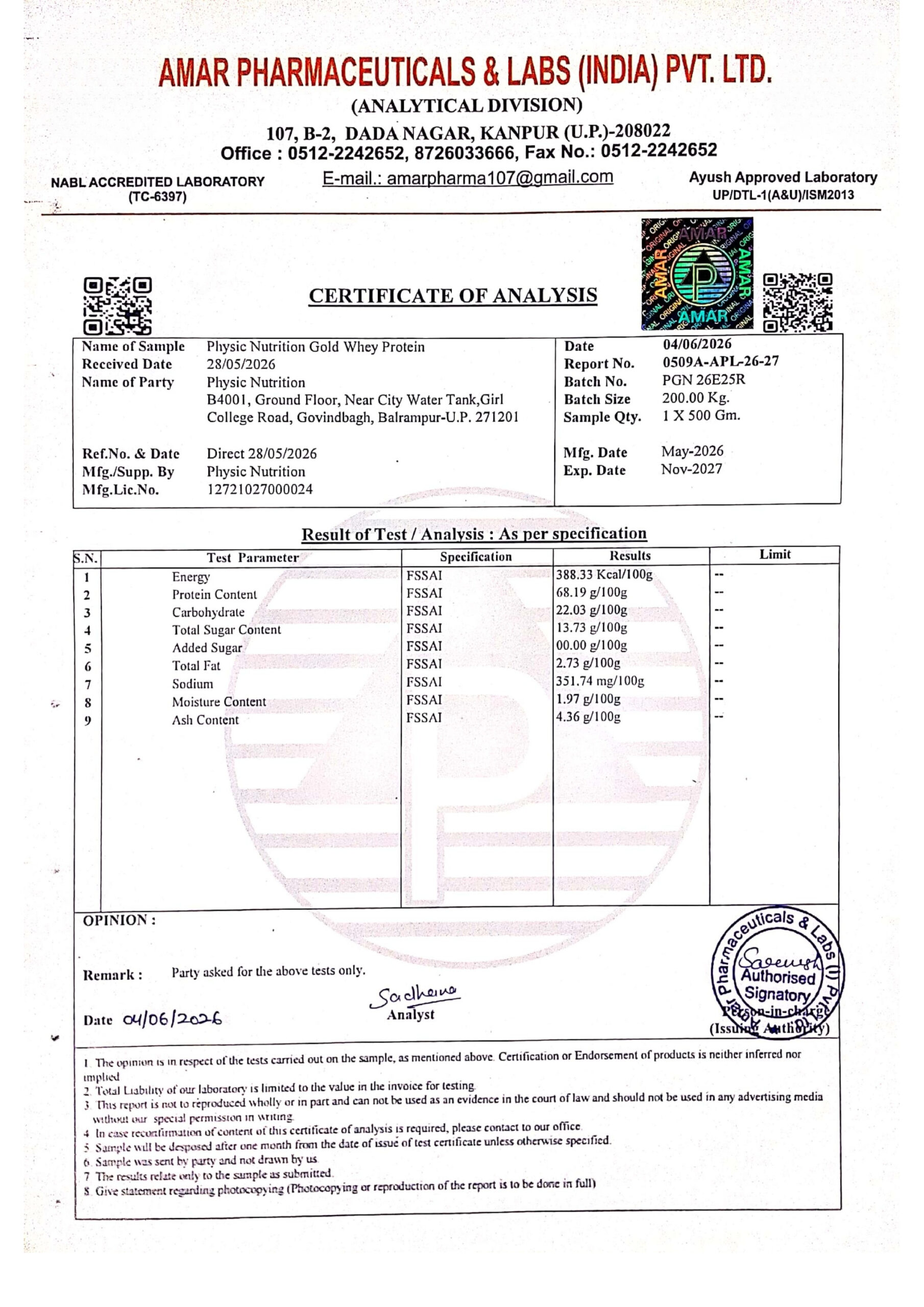 Physic Nutrition Gold Whey Protein Lab report